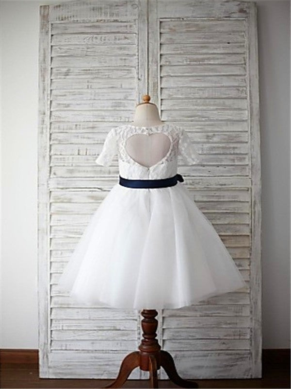 A-line/Princess Scoop 1/2 Sleeves Sash/Ribbon/Belt Tea-Length Tulle Flower Girl Dresses TPP0007629