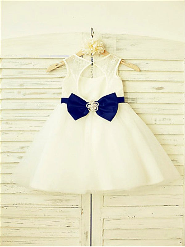 A-line/Princess Scoop Sleeveless Bowknot Tea-Length Tulle Flower Girl Dresses TPP0007833