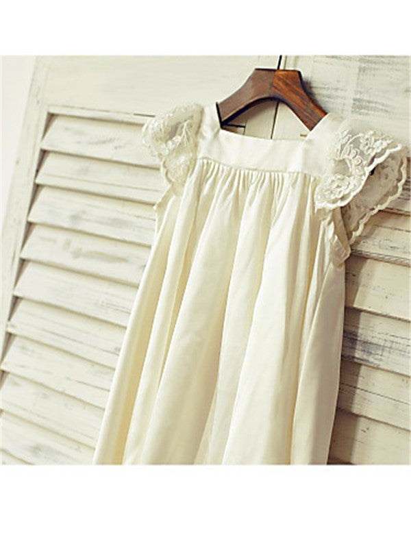 A-line/Princess Scoop Short Sleeves Lace Tea-Length Chiffon Flower Girl Dresses TPP0007794