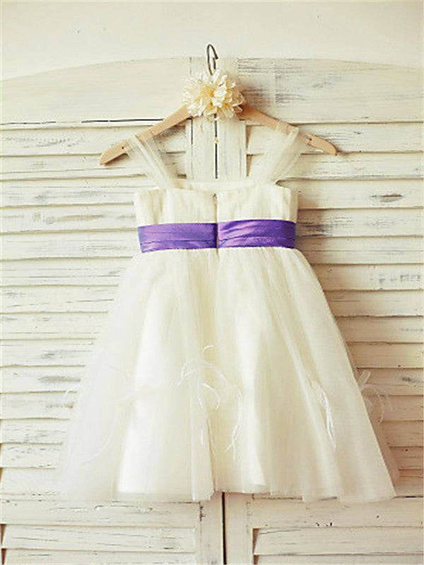 A-line/Princess Straps Sleeveless Ruffles Tea-Length Tulle Flower Girl Dresses TPP0007886