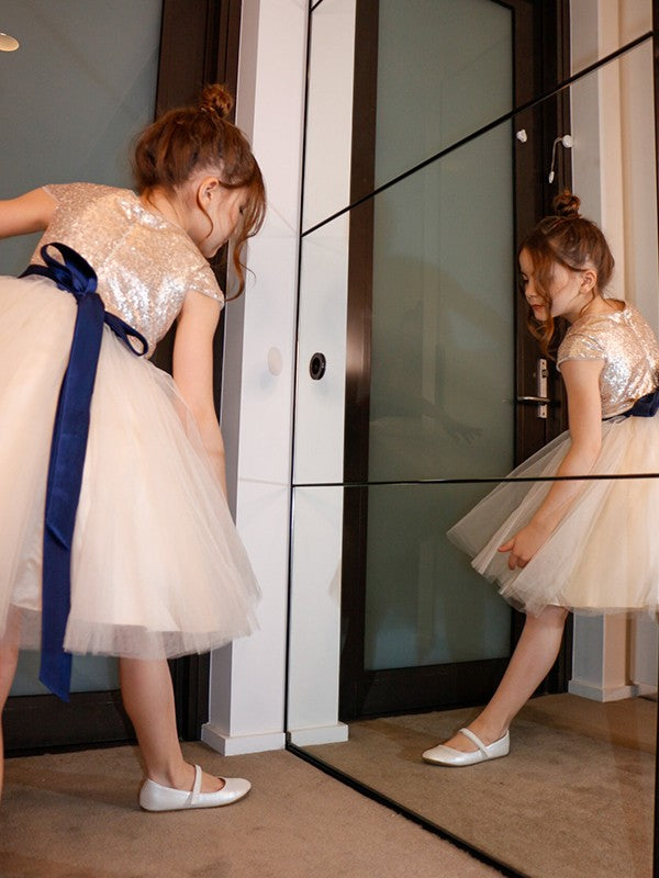 A-Line/Princess Tulle Sash/Ribbon/Belt Scoop Short Sleeves Knee-Length Flower Girl Dresses TPP0007482