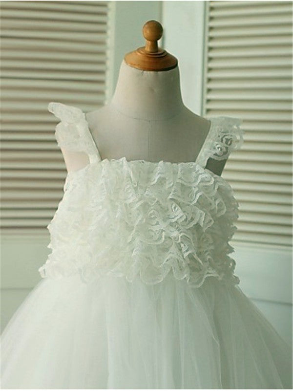 A-line/Princess Sleeveless Straps Ruffles Tea-Length Organza Flower Girl Dresses TPP0007782