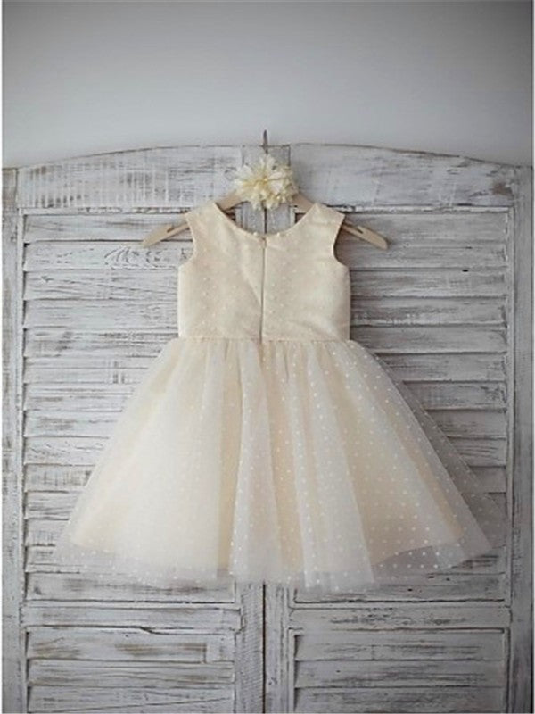 A-line/Princess Scoop Sleeveless Hand-made Flower Tea-Length Tulle Flower Girl Dresses TPP0007659