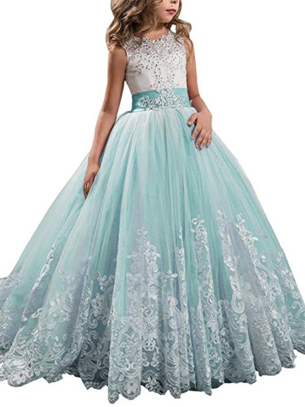 Ball Gown Jewel Sleeveless Lace Sweep/Brush Train Tulle Flower Girl Dresses TPP0007567