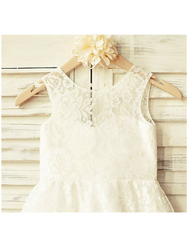 A-line/Princess Sleeveless Scoop Bowknot Tea-Length Lace Flower Girl Dresses TPP0007719