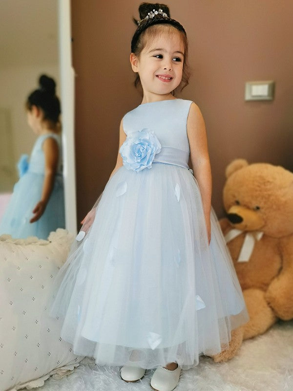 A-Line/Princess Tulle Hand-Made Flower Scoop Sleeveless Ankle-Length Flower Girl Dresses TPP0007547