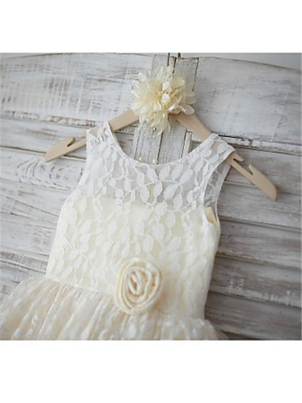 A-line/Princess Sleeveless Scoop Hand-made Flower Tea-Length Lace Flower Girl Dresses TPP0007792