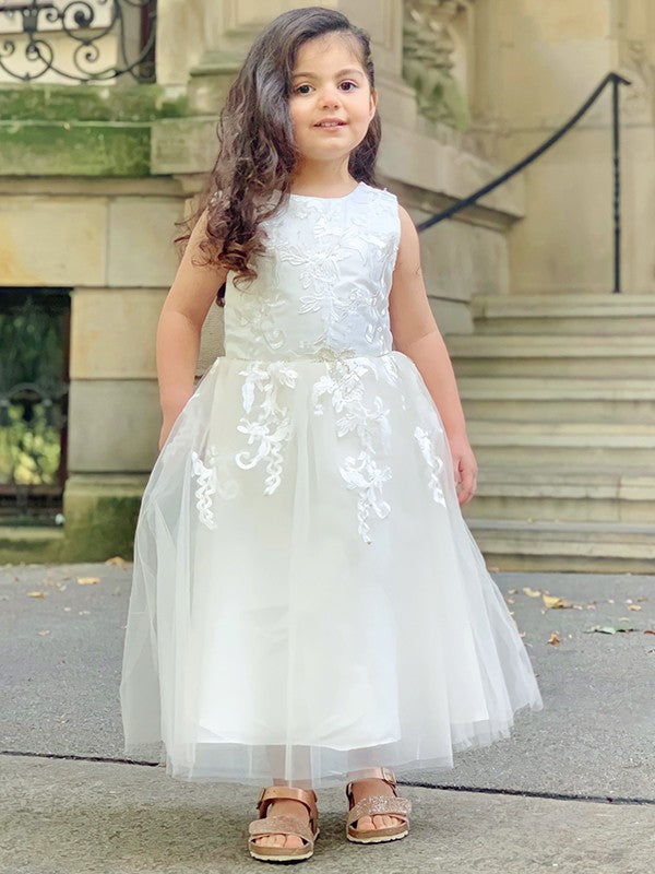 A-Line/Princess Tulle Lace Scoop Sleeveless Ankle-Length Flower Girl Dresses TPP0007499