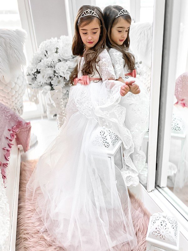 A-Line/Princess Tulle Sash/Ribbon/Belt Off-the-Shoulder 1/2 Sleeves Sweep/Brush Train Flower Girl Dresses TPP0007481