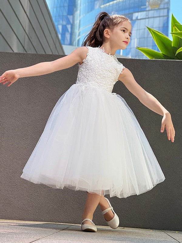 A-Line/Princess Tulle Lace High Neck Sleeveless Knee-Length Flower Girl Dresses TPP0007488