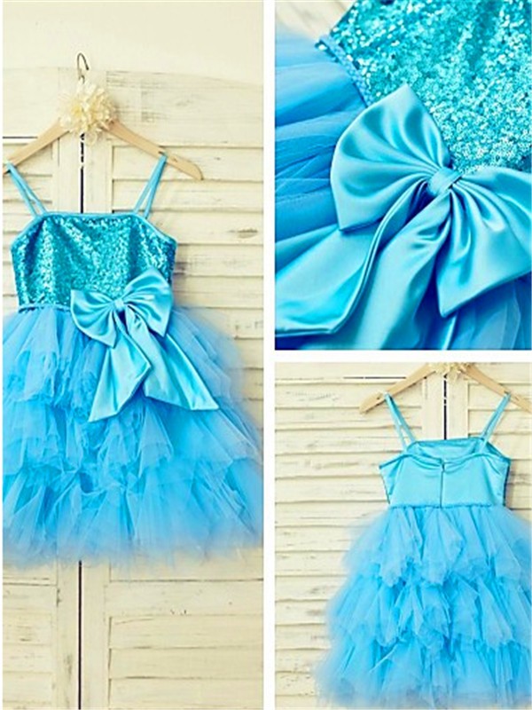 A-line/Princess Spaghetti Straps Sleeveless Sequin Tea-Length Net Flower Girl Dresses TPP0007858