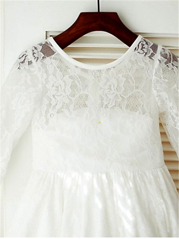 A-line/Princess Scoop Long Sleeves Bowknot Ankle-Length Lace Flower Girl Dresses TPP0007709