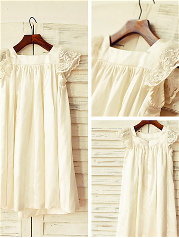 A-line/Princess Scoop Short Sleeves Lace Tea-Length Chiffon Flower Girl Dresses TPP0007794