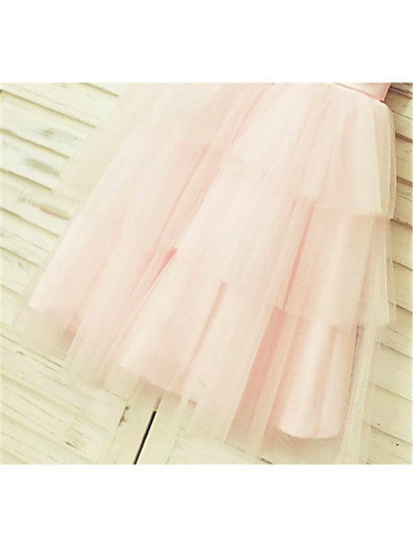 A-line/Princess Scoop Sleeveless Hand-made Flower Tea-Length Tulle Flower Girl Dresses TPP0007848