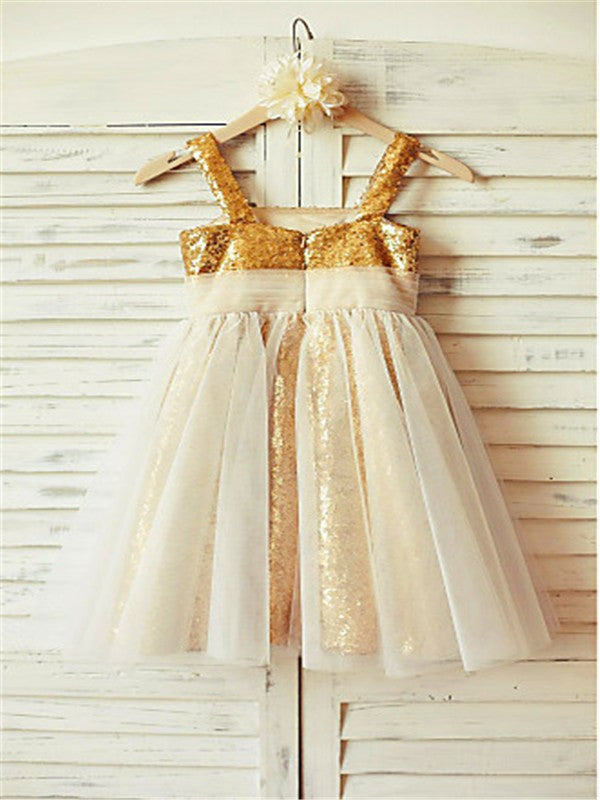 A-line/Princess Spaghetti Straps Sleeveless Ruffles Tea-Length Sequins Flower Girl Dresses TPP0007824