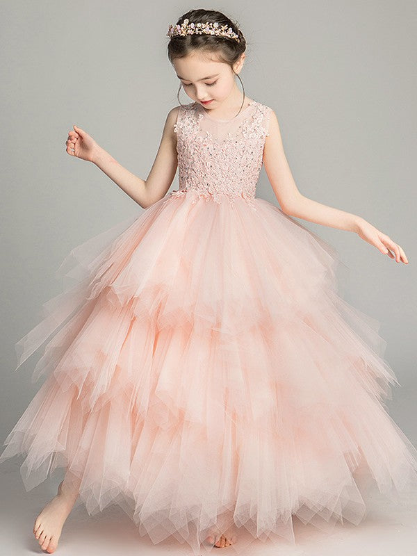 A-Line/Princess Tulle Applique Scoop Sleeveless Floor-Length Flower Girl Dresses TPP0007507