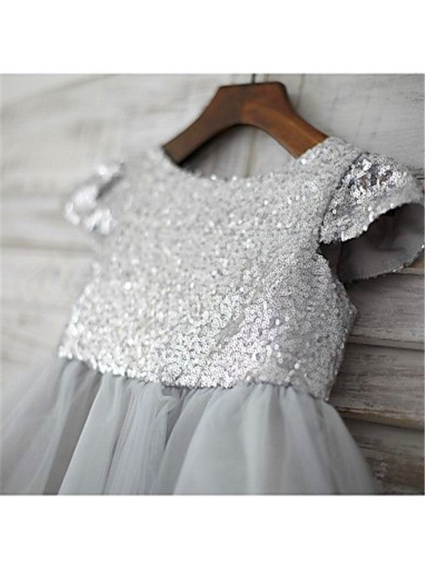 A-line/Princess Scoop Short Sleeves Sequin Tea-Length Tulle Flower Girl Dresses TPP0007765