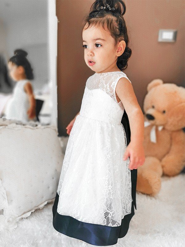 A-Line/Princess Lace Bowknot Scoop Sleeveless Ankle-Length Flower Girl Dresses TPP0007548