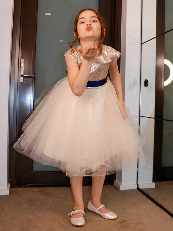 A-Line/Princess Tulle Sash/Ribbon/Belt Scoop Short Sleeves Knee-Length Flower Girl Dresses TPP0007482