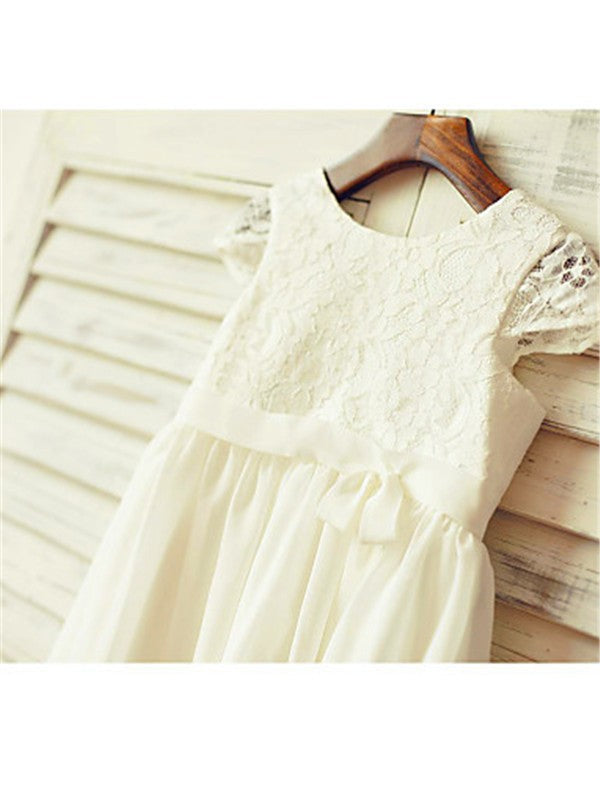 A-line/Princess Scoop Short Sleeves Lace Tea-Length Chiffon Flower Girl Dresses TPP0007809