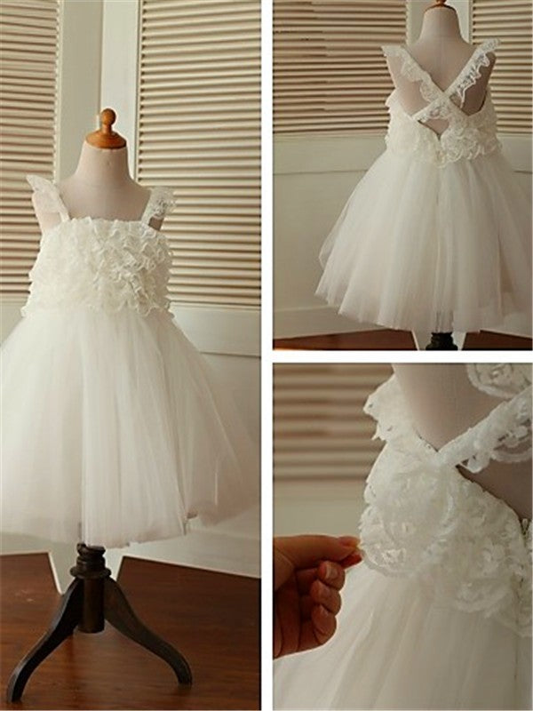 A-line/Princess Sleeveless Straps Ruffles Tea-Length Organza Flower Girl Dresses TPP0007782