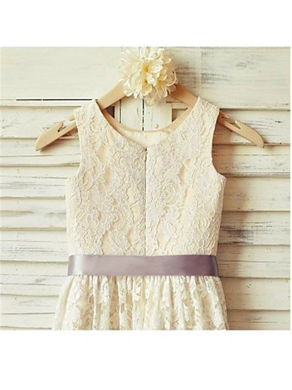 A-line/Princess Scoop Sleeveless Bowknot Tea-Length Lace Flower Girl Dresses TPP0007797