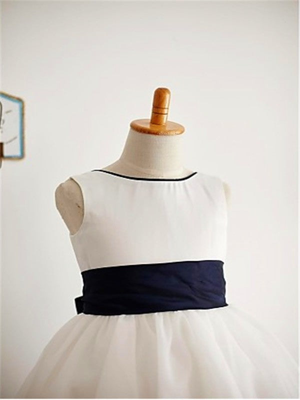 A-line/Princess Scoop Bowknot Sleeveless Tea-Length Tulle Flower Girl Dresses TPP0007839