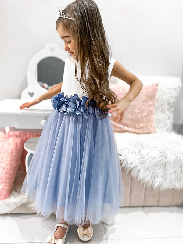 A-Line/Princess Tulle Hand-Made Flower Scoop Sleeveless Tea-Length Flower Girl Dresses TPP0007470