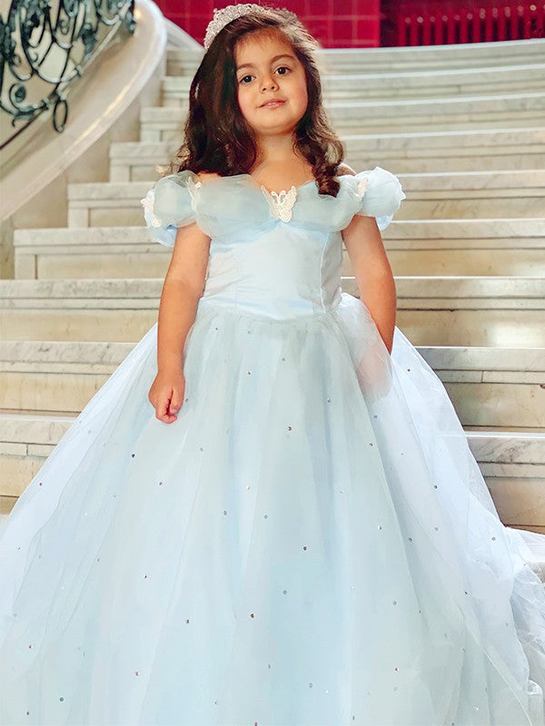 Ball Gown Tulle Rhinestone Off-the-Shoulder Sleeveless Floor-Length Flower Girl Dresses TPP0007466