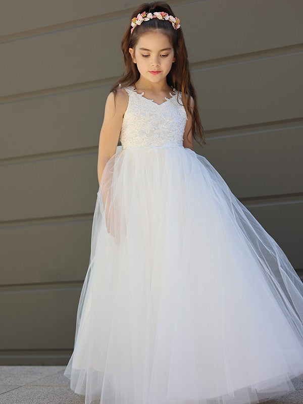 A-Line/Princess Tulle Bowknot Sweetheart Sleeveless Floor-Length Flower Girl Dresses TPP0007458