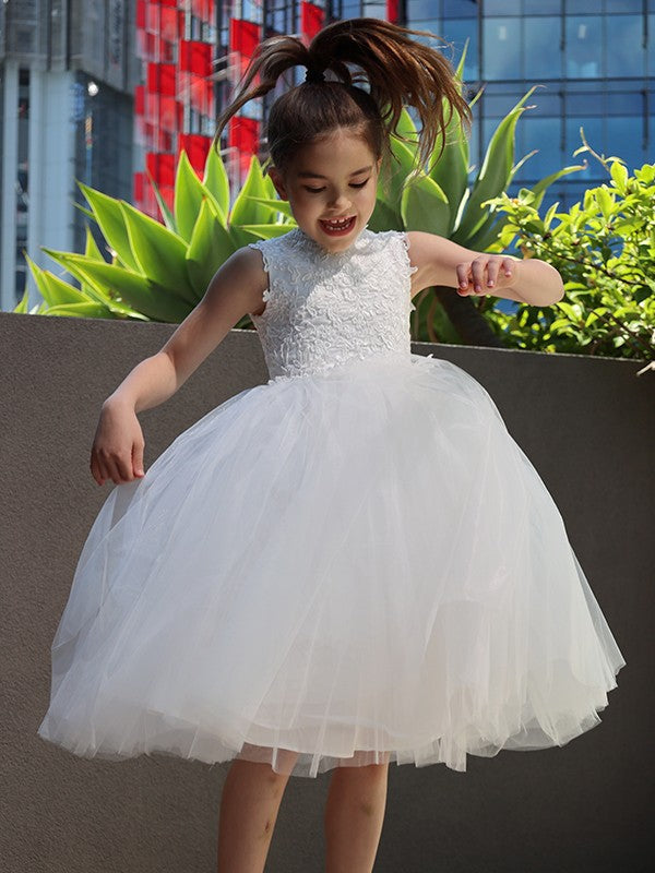 A-Line/Princess Tulle Lace High Neck Sleeveless Knee-Length Flower Girl Dresses TPP0007488