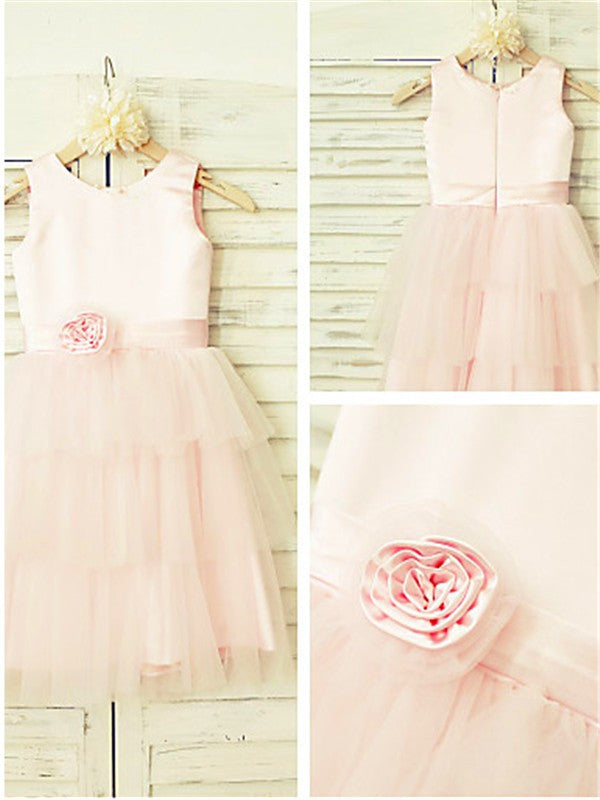 A-line/Princess Scoop Sleeveless Hand-made Flower Tea-Length Tulle Flower Girl Dresses TPP0007848