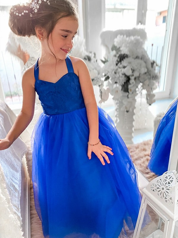 A-Line/Princess Tulle Ruffles Halter Sleeveless Tea-Length Flower Girl Dresses TPP0007464