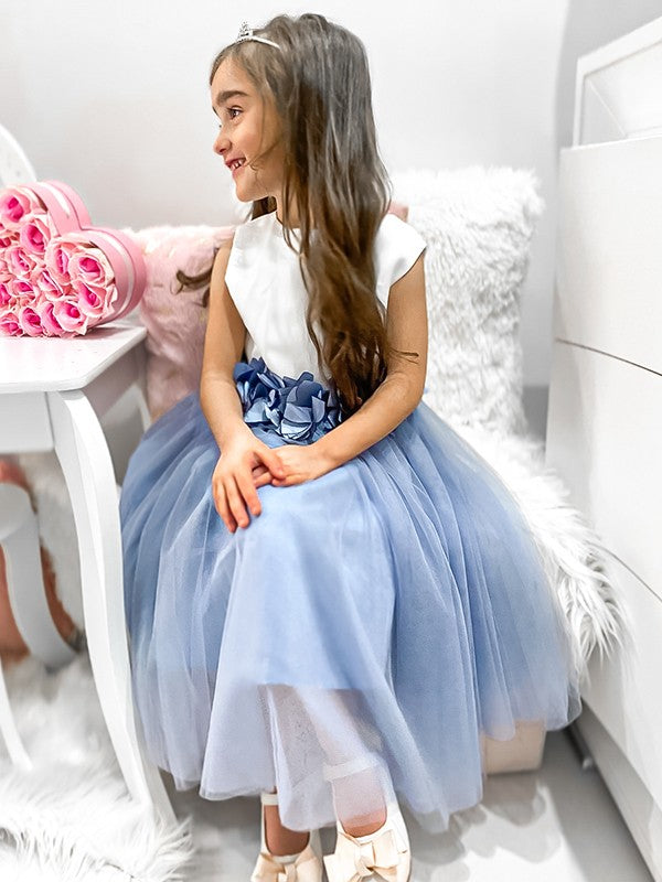 A-Line/Princess Tulle Hand-Made Flower Scoop Sleeveless Tea-Length Flower Girl Dresses TPP0007470