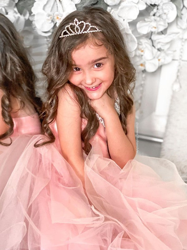 A-Line/Princess Tulle Beading Scoop Sleeveless Tea-Length Flower Girl Dresses TPP0007469