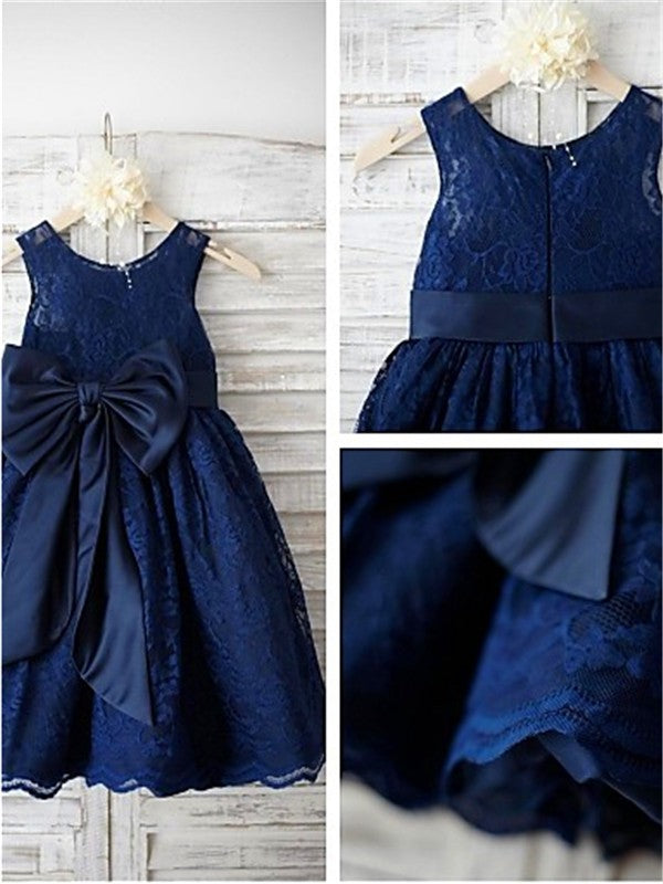 A-line/Princess Scoop Sleeveless Bowknot Tea-Length Lace Flower Girl Dresses TPP0007706