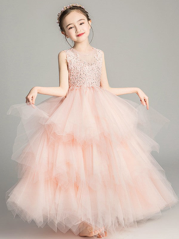 A-Line/Princess Tulle Applique Scoop Sleeveless Floor-Length Flower Girl Dresses TPP0007507