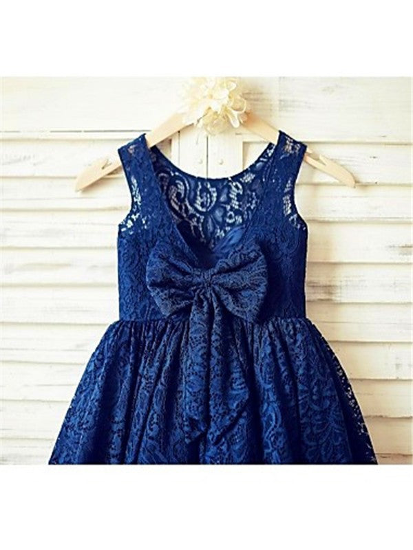 A-line/Princess Scoop Sleeveless Bowknot Tea-Length Lace Flower Girl Dresses TPP0007735