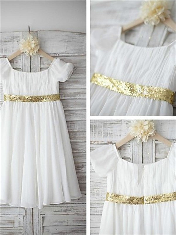 A-line/Princess Bateau Short Sleeves Beading Tea-Length Chiffon Flower Girl Dresses TPP0007832