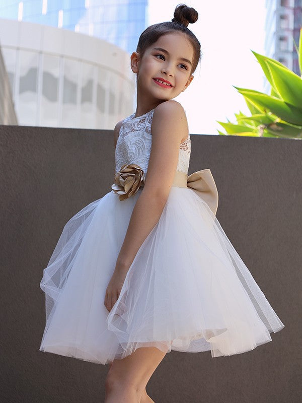 A-Line/Princess Tulle Lace Scoop Sleeveless Knee-Length Flower Girl Dresses TPP0007480