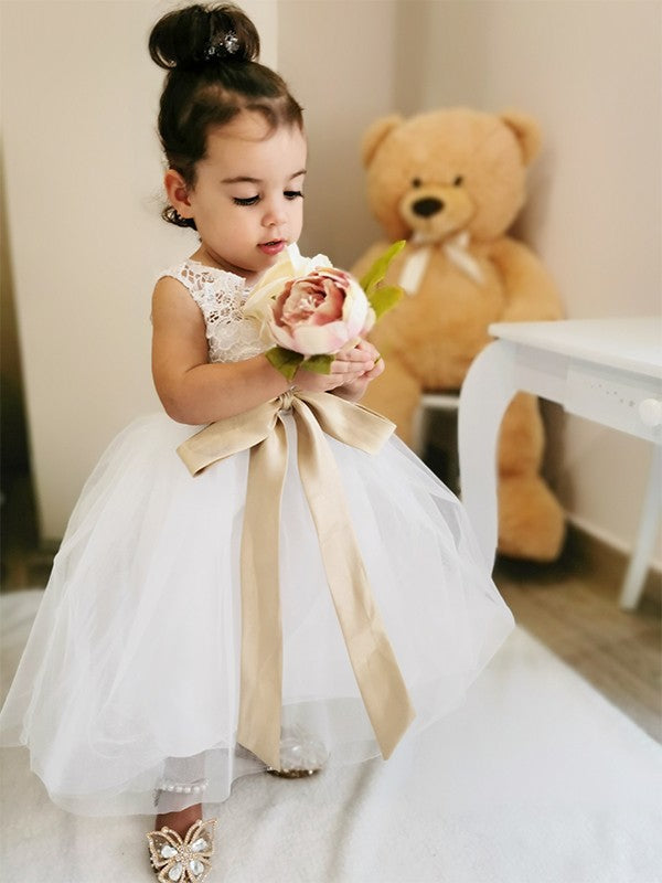 A-Line/Princess Tulle Sash/Ribbon/Belt Scoop Sleeveless Knee-Length Flower Girl Dresses TPP0007546