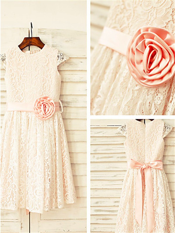 A-line/Princess Scoop Hand-made Flower Short Sleeves Tea-Length Lace Flower Girl Dresses TPP0007819