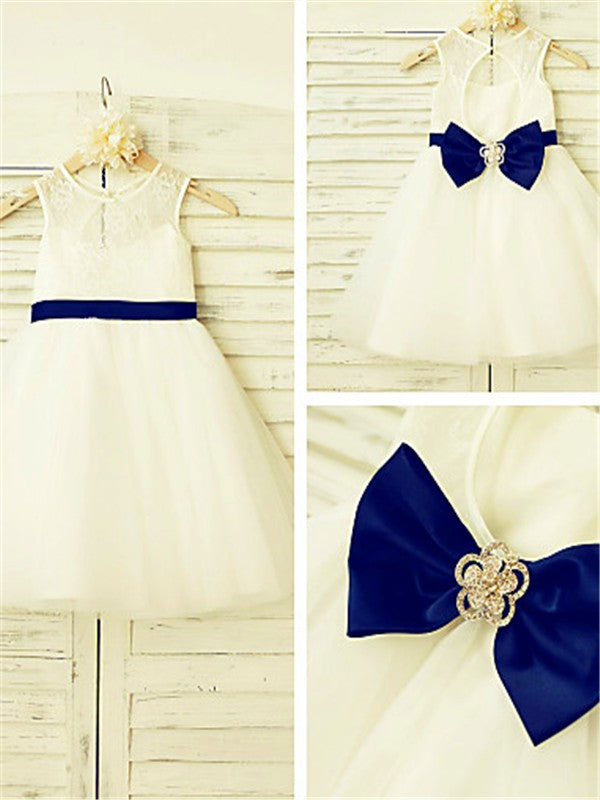 A-line/Princess Scoop Sleeveless Bowknot Tea-Length Tulle Flower Girl Dresses TPP0007833