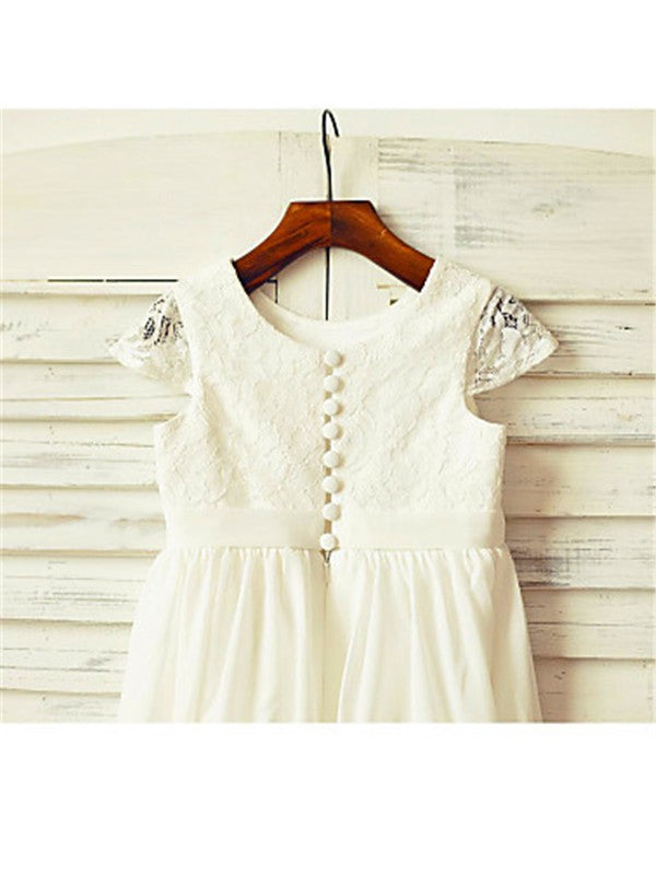 A-line/Princess Scoop Short Sleeves Lace Tea-Length Chiffon Flower Girl Dresses TPP0007809