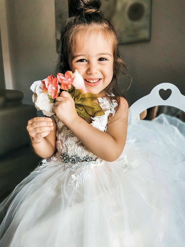 A-Line/Princess Tulle Lace V-neck Sleeveless Ankle-Length Flower Girl Dresses TPP0007460