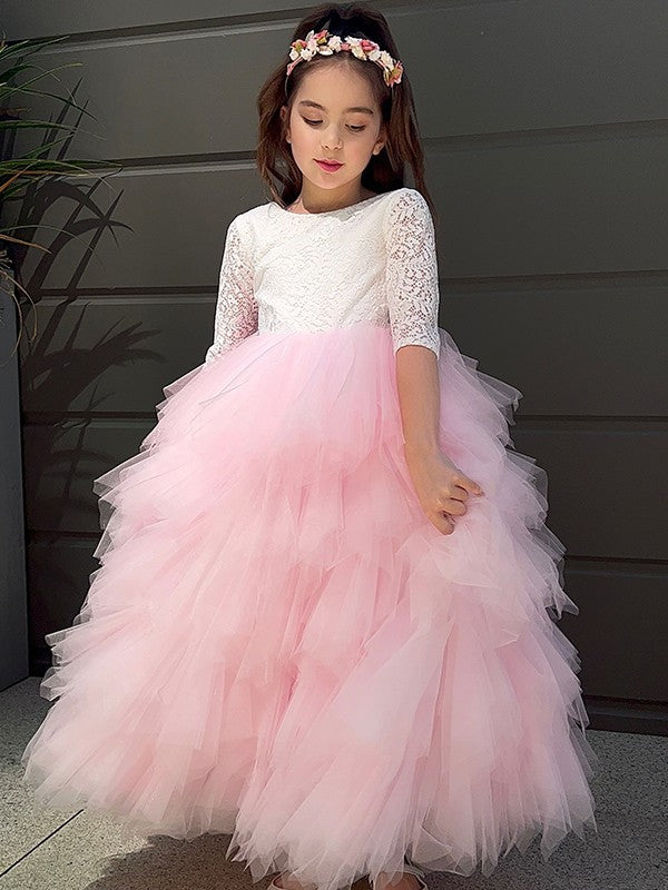 A-Line/Princess Tulle Lace Scoop 3/4 Sleeves Ankle-Length Flower Girl Dresses TPP0007497