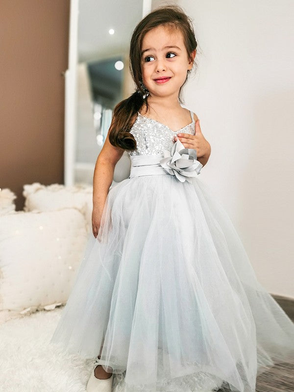 A-Line/Princess Tulle Sequin Spaghetti Straps Sleeveless Tea-Length Flower Girl Dresses TPP0007485