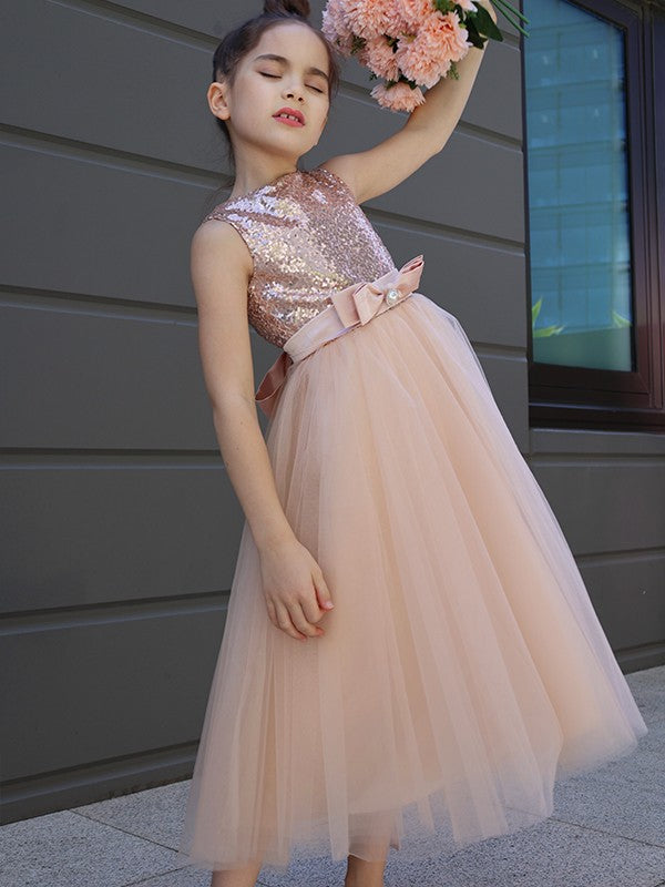 A-Line/Princess Tulle Bowknot Scoop Sleeveless Tea-Length Flower Girl Dresses TPP0007463