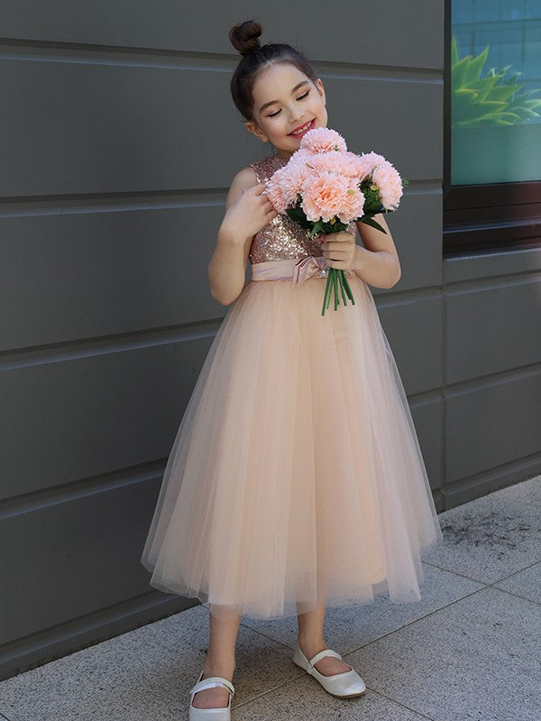 A-Line/Princess Tulle Bowknot Scoop Sleeveless Tea-Length Flower Girl Dresses TPP0007463