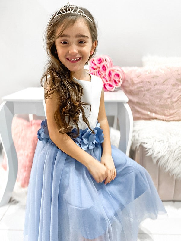 A-Line/Princess Tulle Hand-Made Flower Scoop Sleeveless Tea-Length Flower Girl Dresses TPP0007470